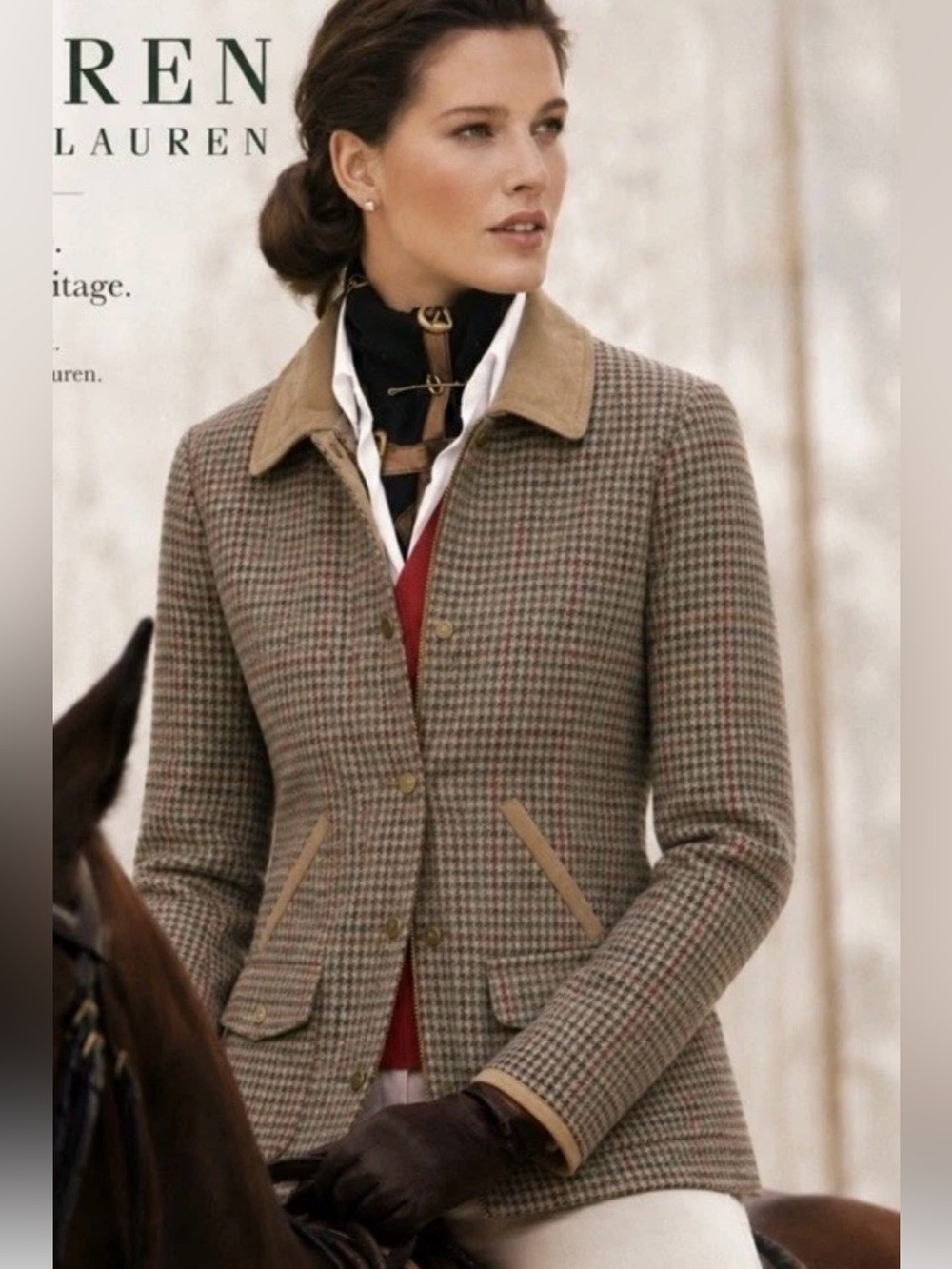 Vintage Lauren Ralph Lauren Houndstooth Wool Jacket Leather Trim Full Zip Sz S